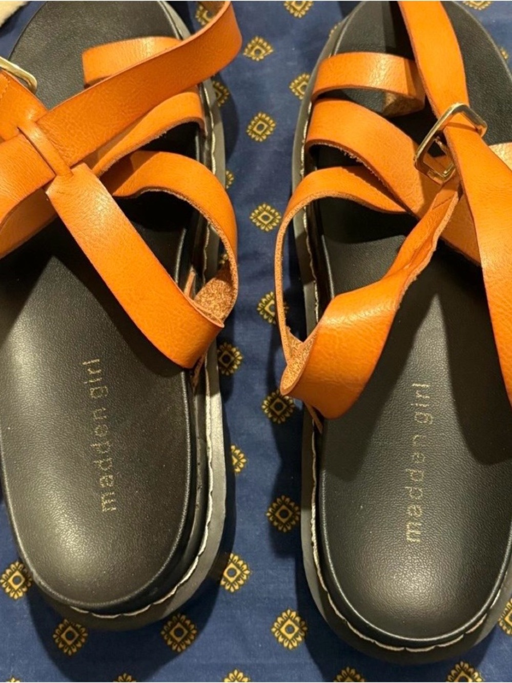 Madden Girl Orange Strappy Leather Sandals with Black Footbed